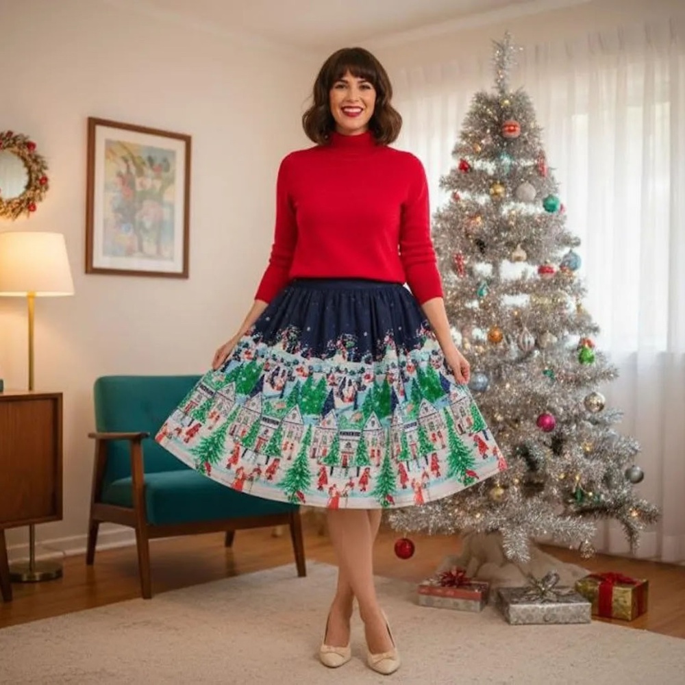 ModCloth Winter‎ Wonderland Skirt Holiday Village Print A-Line Size L - Picture 2 of 9